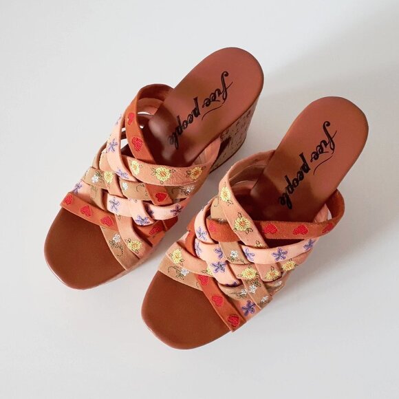 NWOT Free People leather suede floral embroidered strap cork platform mules - Picture 6 of 12